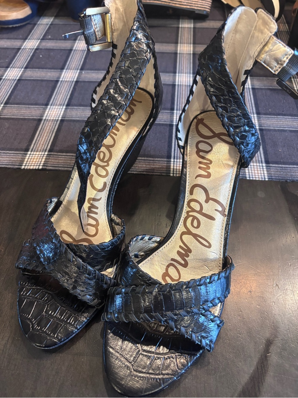 Sam Edelman black crocodile-embossed leather slingback pumps